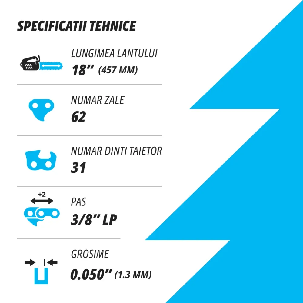 Set 3 lanturi pentru drujba Kuza, lungime 18", pas 3/8" LP, grosime 050"-1.3 mm, 62 Zale, 3 lanturi/pachet
