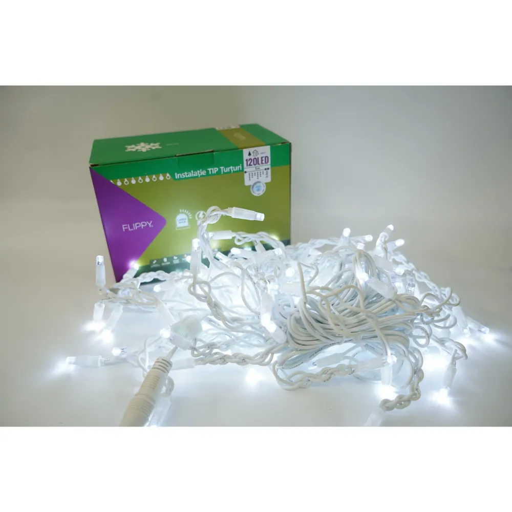 Instalatie de Craciun Vivimall® Tip Franjuri cu Flash, IP65, Sectiune 5 m, 120 LED-uri, Interconectabila, Fir Alb, Alb Rec...