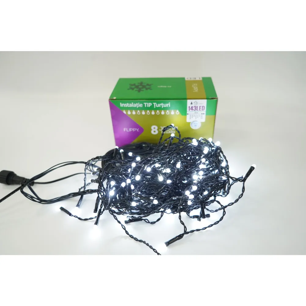 Instalatie de Craciun Vivimall® Tip Franjuri, 8 jocuri de lumini, Sectiune 5 m, 143 LED-uri, Interconectabila, Fir Negru,...