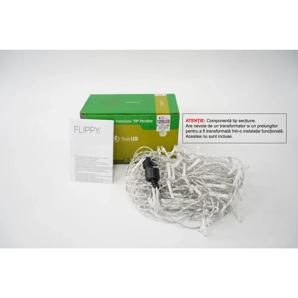 Instalatie de Craciun Vivimall® Tip Perdea cu Flash, Sectiune 2 X 1 m, 120 LED-uri, Interconectabila, Fir Transparent, Alb...