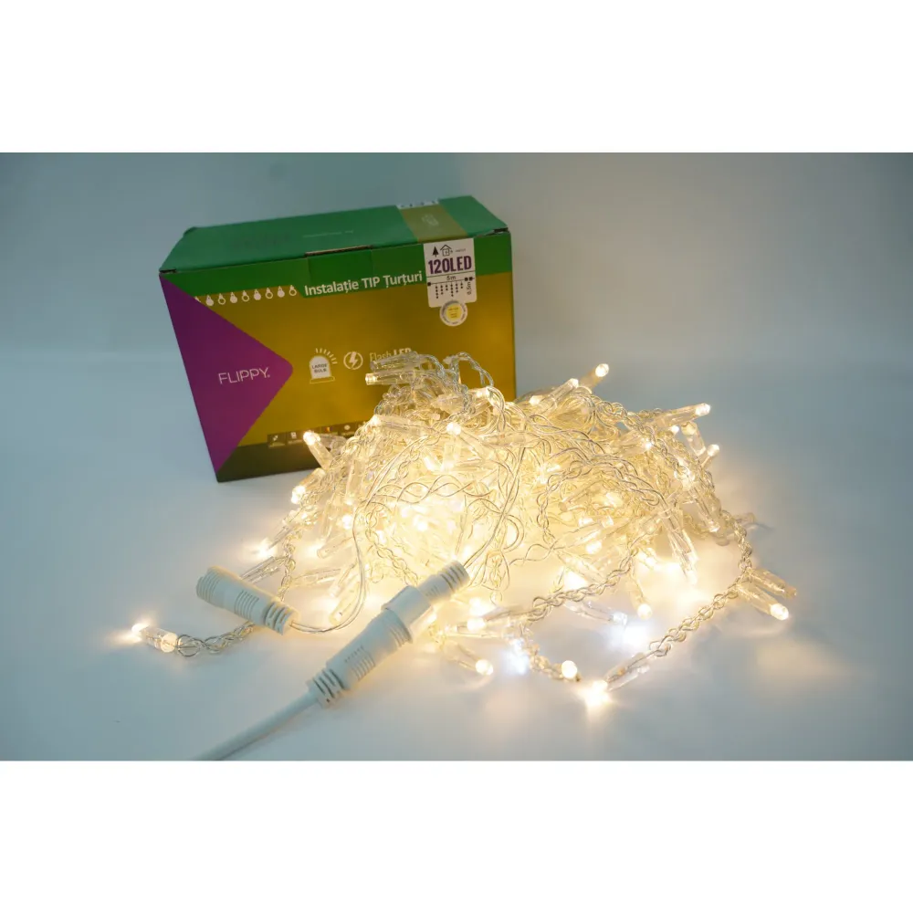 Instalatie de Craciun Vivimall® Tip Turturi, Franjuri cu Flash, IP65, Sectiune 5 m, 120 LED-uri, Interconectabila, Fir Tra...