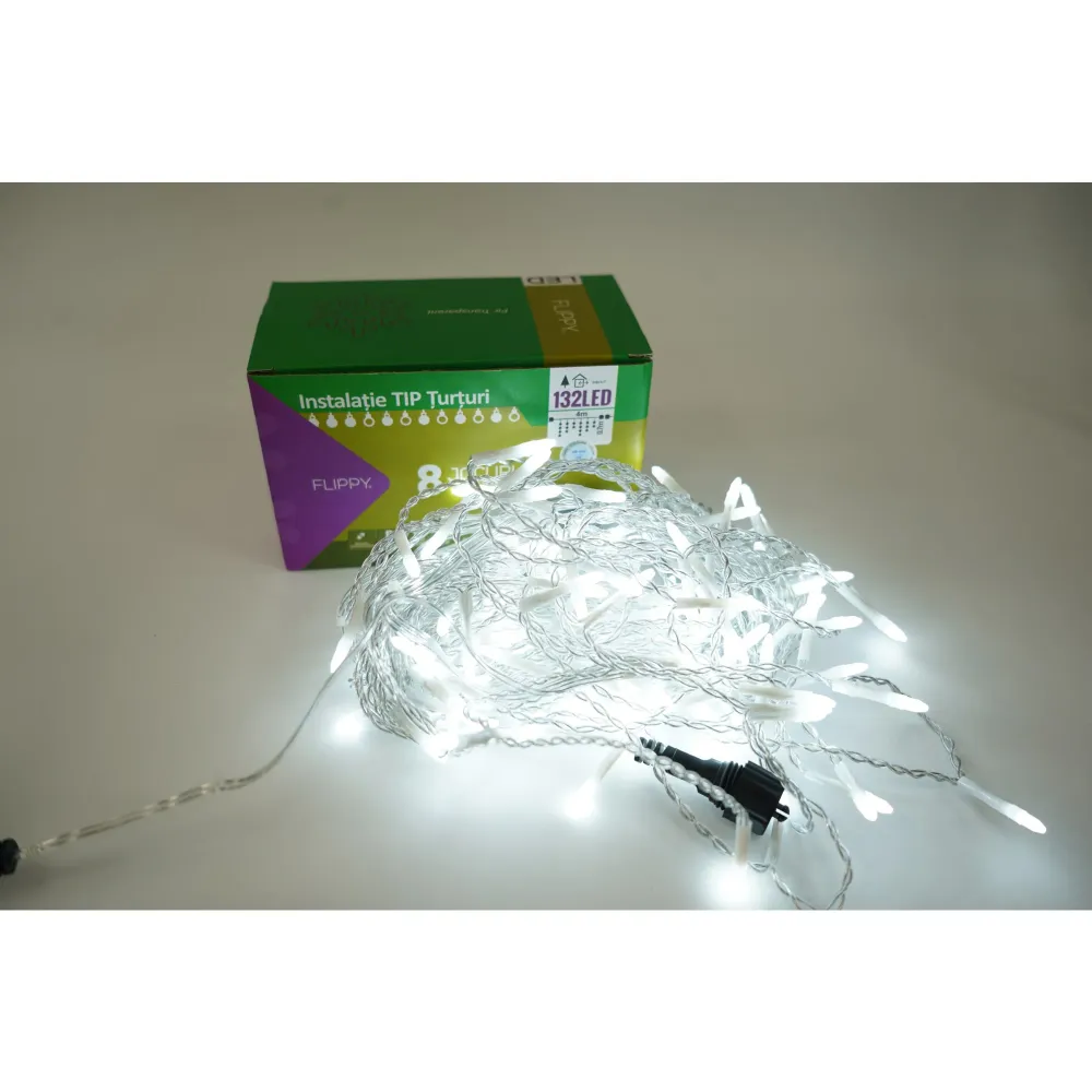 Instalatie de Craciun Vivimall® Tip Turturi, 8 jocuri de lumini Sectiune 4 m, 132 LED-uri, Interconectabila, Fir Transpare...