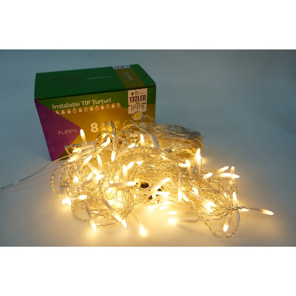 Instalatie de Craciun Vivimall® Tip Turturi, 8 jocuri de lumini Sectiune 4 m, 132 LED-uri, Interconectabila, Fir Transpare...