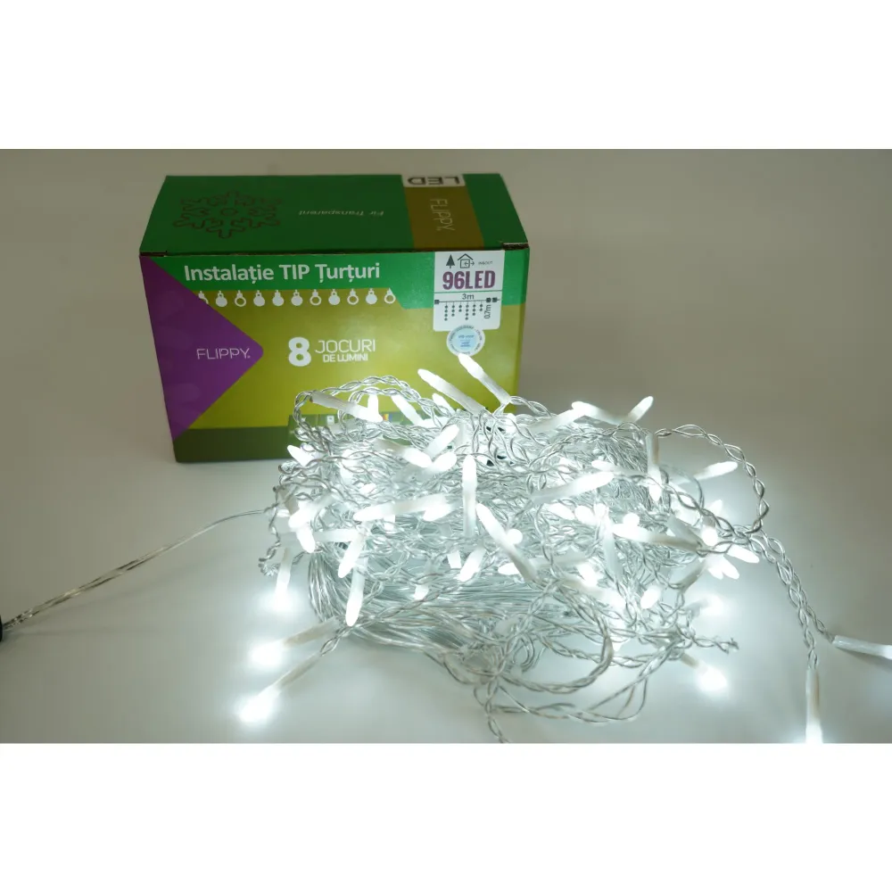 Instalatie de Craciun Vivimall® Tip Turturi, 8 jocuri de lumini Sectiune 3 m, 96 LED-uri, Interconectabila, Fir Transparen...