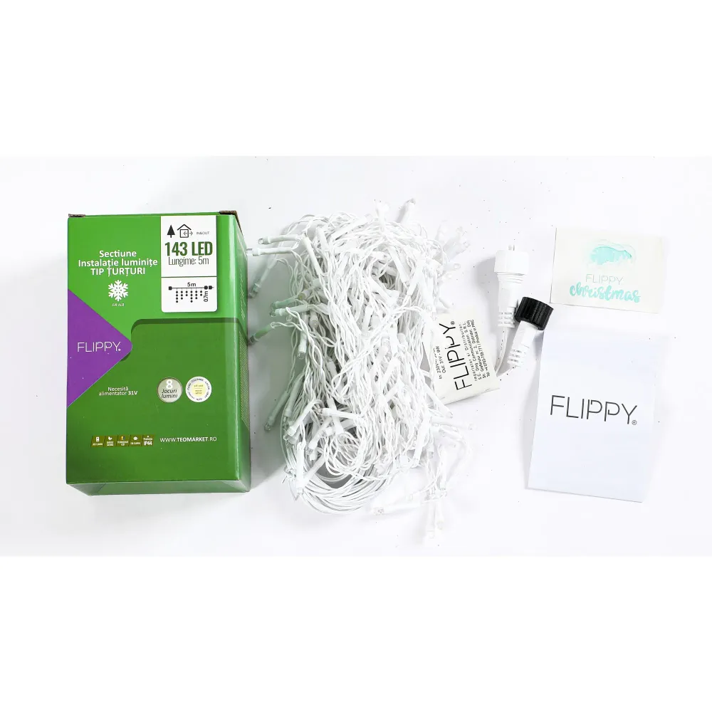 Sectiune de Craciun Vivimall® Tip Turturi, 8 jocuri de lumini Sectiu 5 m, 143 LED-uri, Interconectabila, Fir Alb, Alb Cald