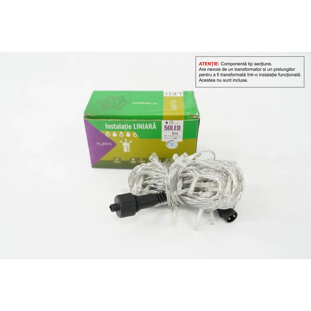 Sectiune Instalatie de Craciun Tip Liniar, 8 jocuri de lumini, Fir Transparent, 5 m, 50 LED -uri, Alb Rece, Nu contine Ali...