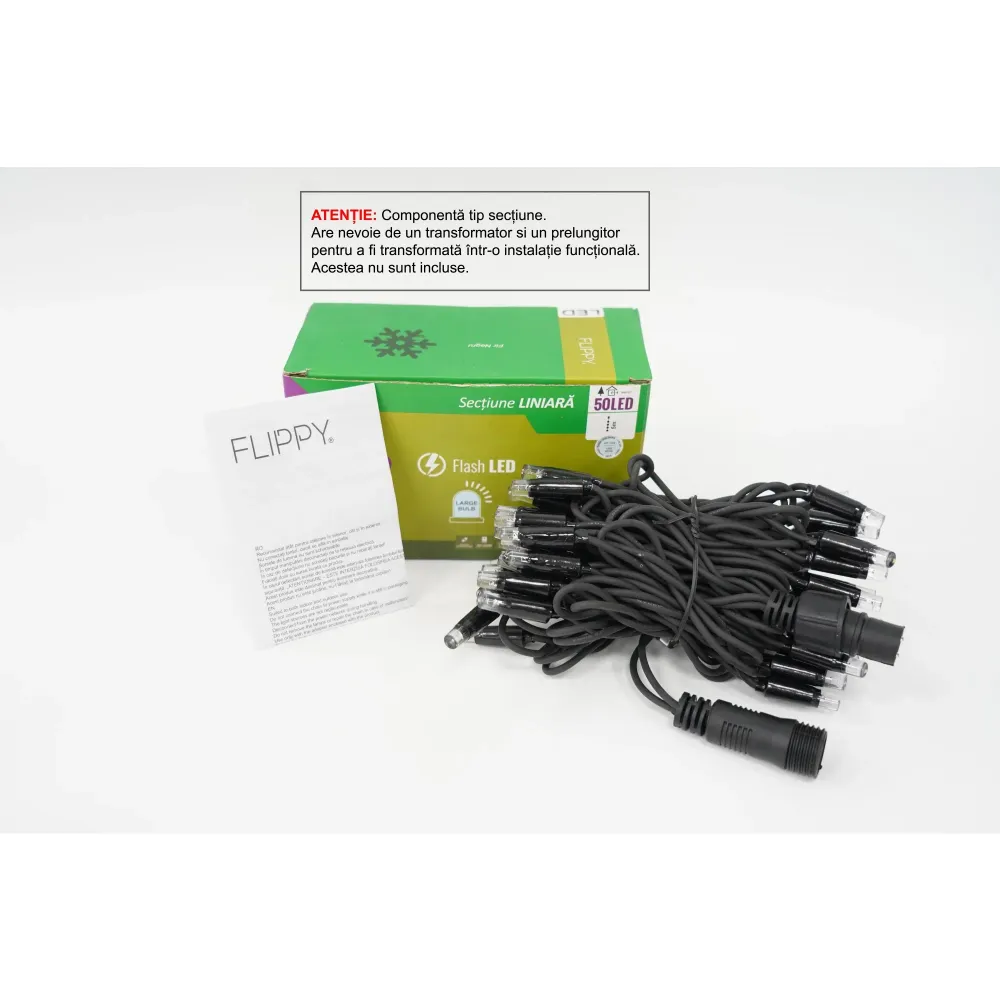 Sectiune Instalatie de Craciun Vivimall Tip Liniara, cu Flash, 5 m, 50 LED-uri, Interconectabila, Fir Negru, Alb-Rece