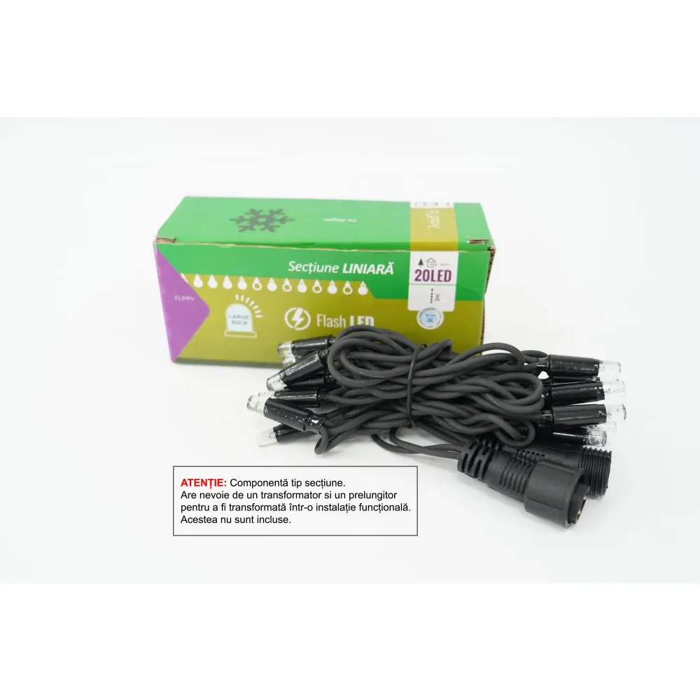 Sectiune Instalatie de Craciun Vivimall Tip Liniara, cu Flash, 2 m, 20 LED-uri, Interconectabila, Fir Negru, Alb-Rece, Ate...