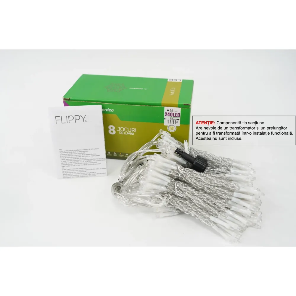 Sectiune Instalatie de Craciun Vivimall Tip Perdea, 8 jocuri de lumini, 2m x2 m, 240 LED-uri, Interconectabila, Fir Transp...
