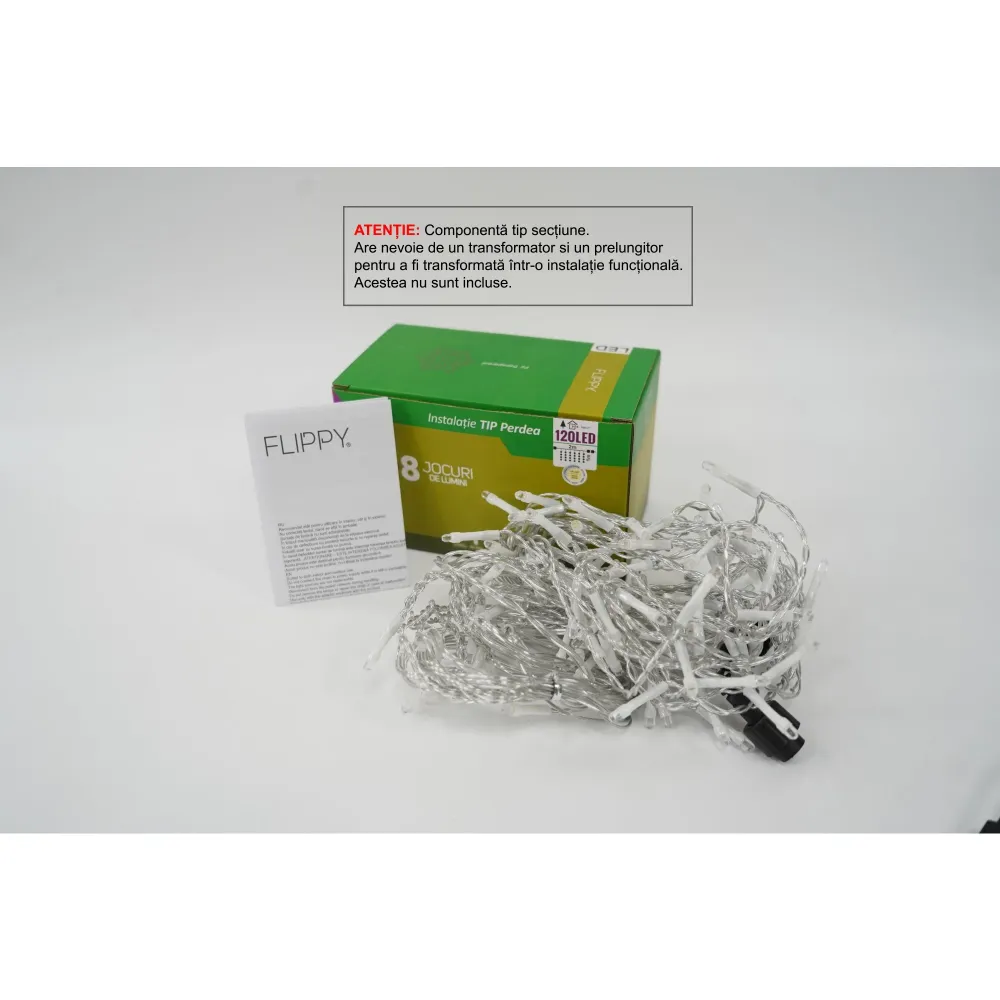 Sectiune Instalatie de Craciun Vivimall Tip Perdea, 8 jocuri de lumini, 2m x1 m, 120 LED-uri, Interconectabila, Fir Transp...