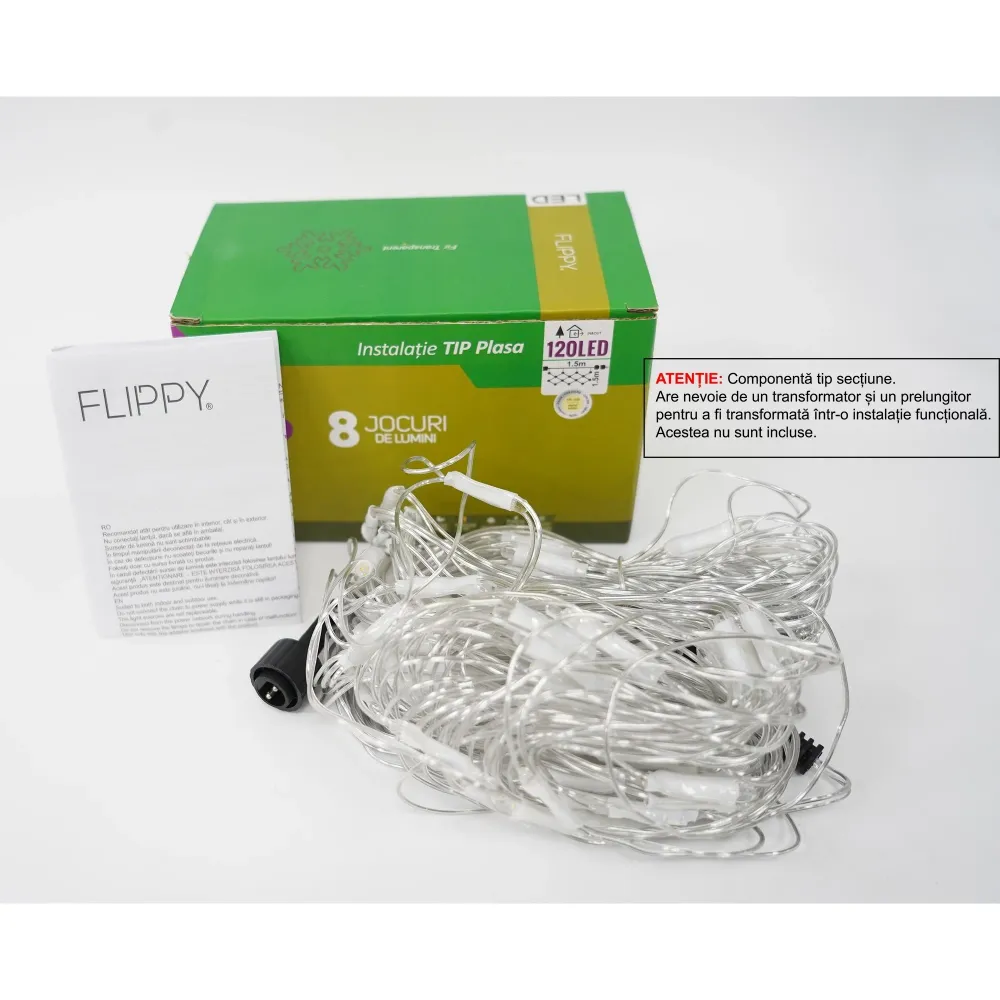 Sectiune Instalatie de Craciun Vivimall, Tip Plasa, 120 LED-uri, 1.5 x 1.5 m, 8 jocuri de lumini, Interconectabila, Fir tr...