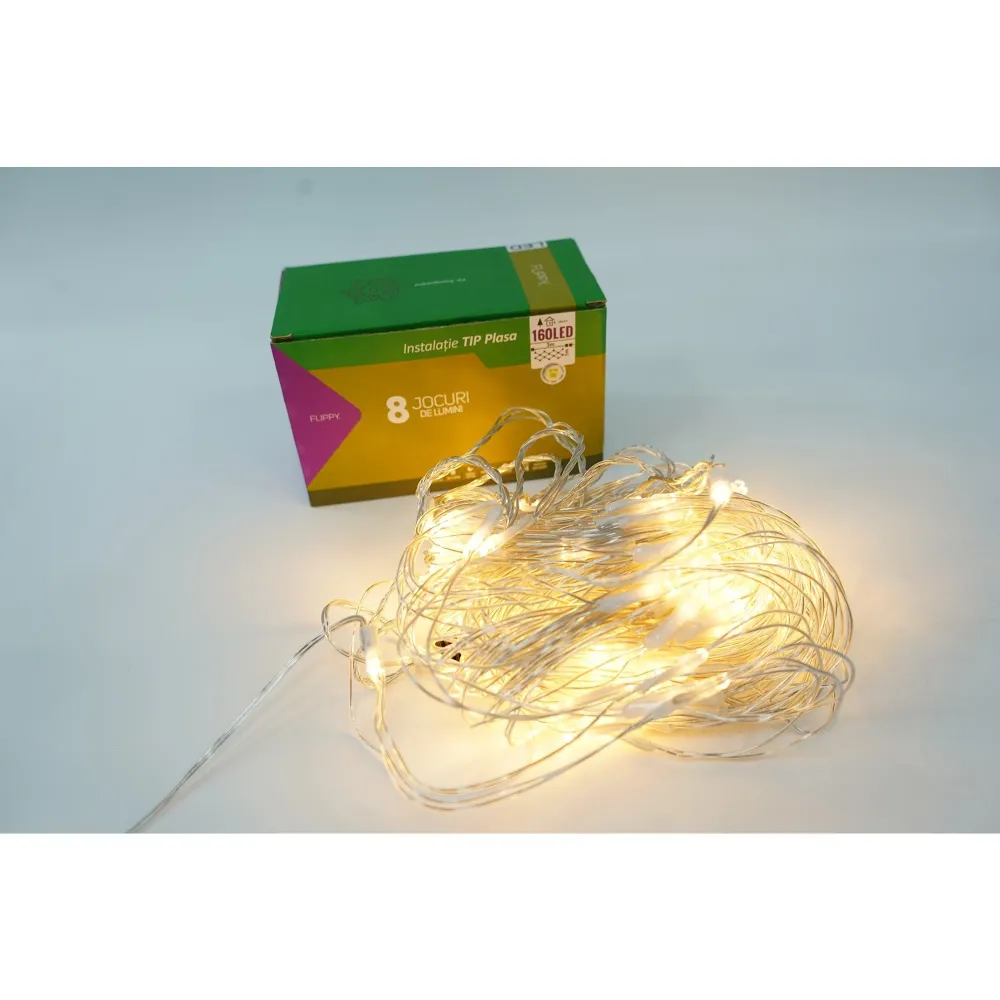 Sectiune Instalatie de Craciun Vivimall, Tip Plasa, 160 LED-uri, 3 m x 1 m, 8 jocuri de lumini, Interconectabila, Fir tran...