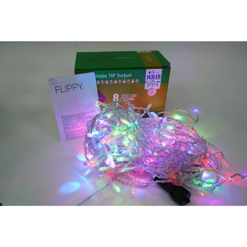 Sectiune Instalatie de Craciun Vivimall® Tip Turturi, Flash 5 m, 143 LED-uri, Interconectabila, Fir Transparent, RB-RG, At...