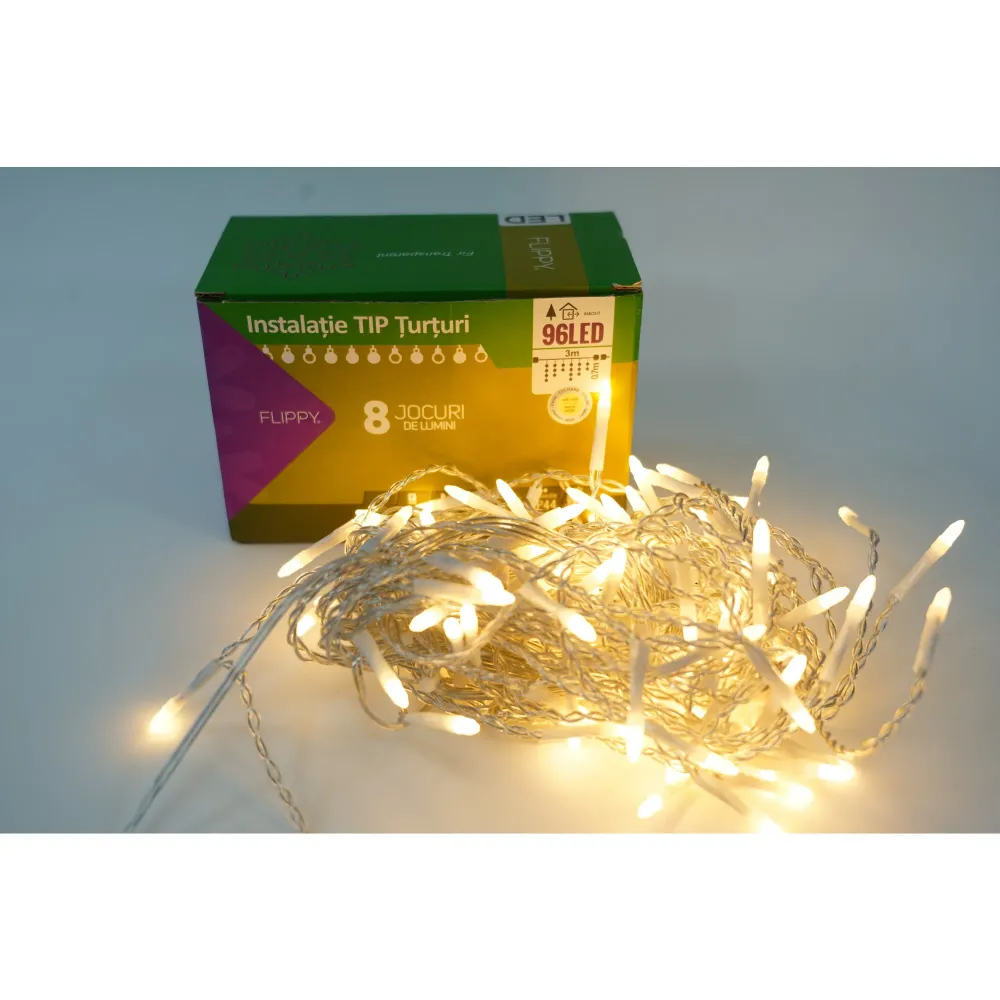 Sectiune Instalatie de Craciun Vivimall® Tip Turturi, 8 jocuri de lumini 3 m, 96 LED-uri, Interconectabila, Fir Transparen...