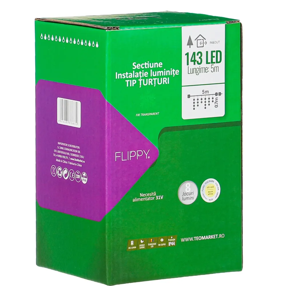 Sectiune Instalatie de Craciun, Vivimall®, Tip Turturi, Fara Alimentator, 5m, 143 LED-uri, 8 Jocuri de Lumini, Fir Transpa...