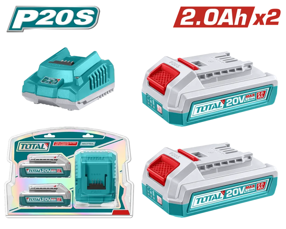Kit TOTAL 20V – 2 baterii Li-Ion 2.0Ah + incarcator rapid P20S