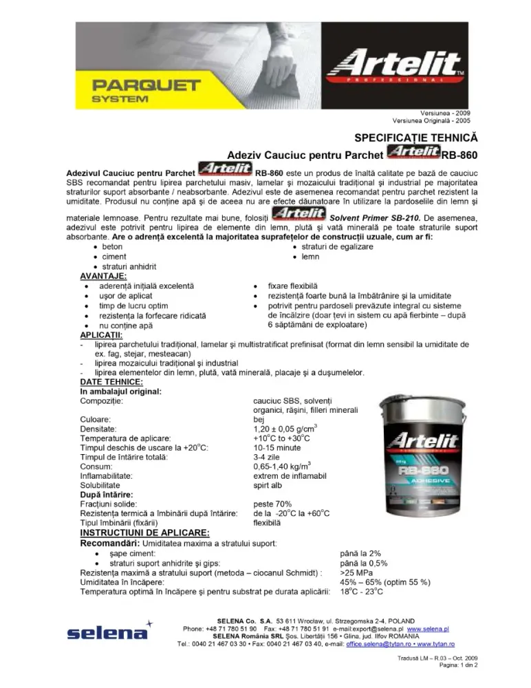 Adeziv parchet pe baza de cauciuc SBS - ARTELIT RB-860 21 kg