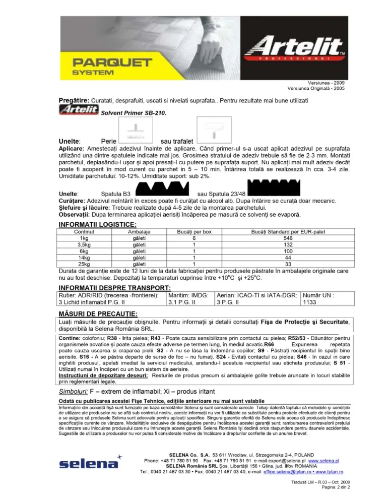 Adeziv parchet pe baza de cauciuc SBS - ARTELIT RB-860 21 kg
