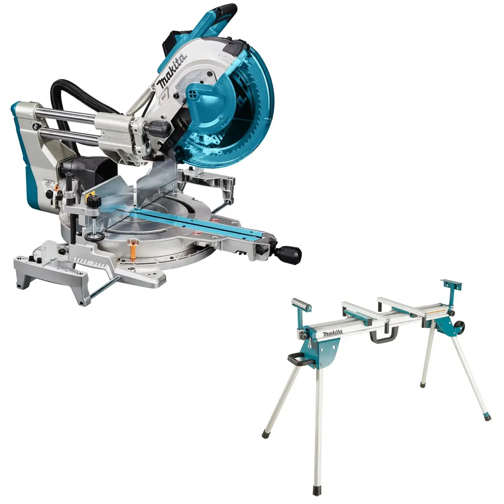 Set de ferăstrău circular cu mitră Makita LS1219L cu banc de lucru DEBWST06