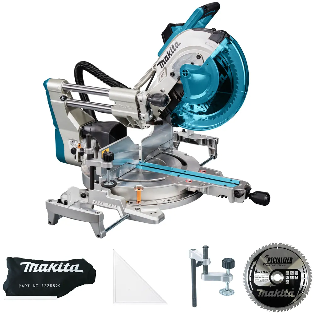 Set de ferăstrău circular cu mitră Makita LS1219L cu banc de lucru DEBWST06