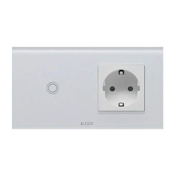 Intrerupator cap-scara simplu cu touch + priza simpla 2P+T, 16A, rama din sticla, alb, Aledio A2W1PA