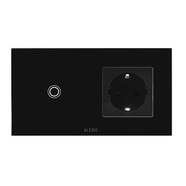 Intrerupator cap-scara simplu cu touch + priza simpla 2P+T, 16A, rama din sticla, negru, Aledio A2W1PN