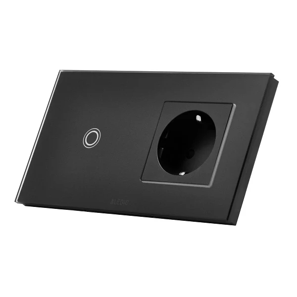 Intrerupator cap-scara simplu cu touch + priza simpla 2P+T, 16A, rama din sticla, negru, Aledio A2W1PN