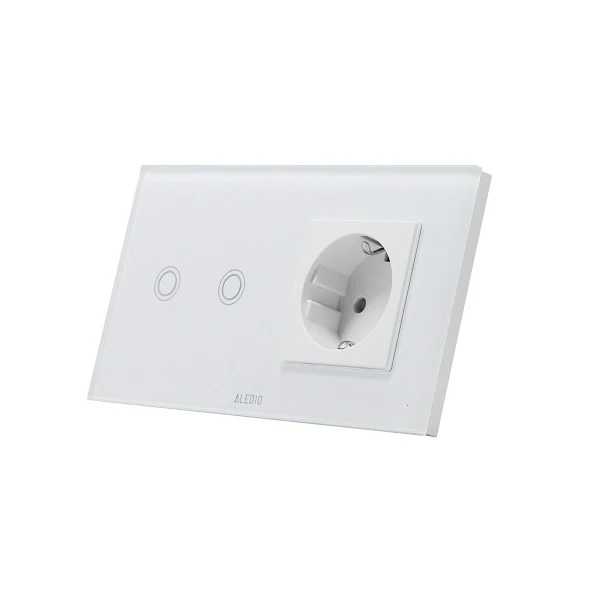 Intrerupator dublu cu touch + priza simpla 2P+T, 16A, rama din sticla, alb, Aledio A2G1PA