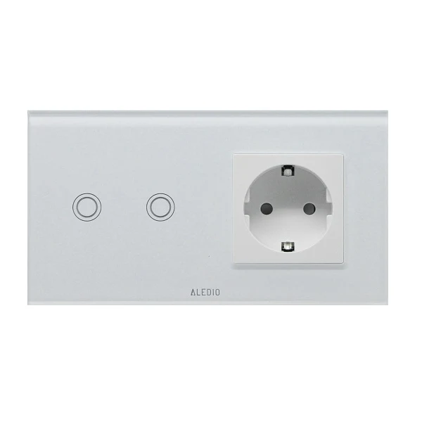Intrerupator dublu cu touch + priza simpla 2P+T, 16A, rama din sticla, alb, Aledio A2G1PA