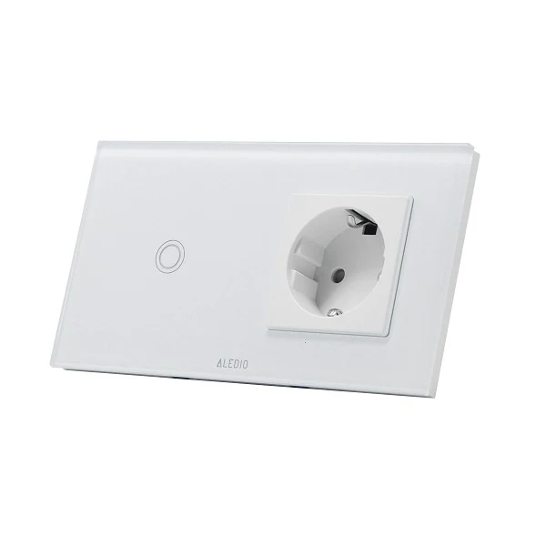 Intrerupator simplu cu touch + priza simpla 2P+T, 16A, rama din sticla, alb, Aledio A1G1PA