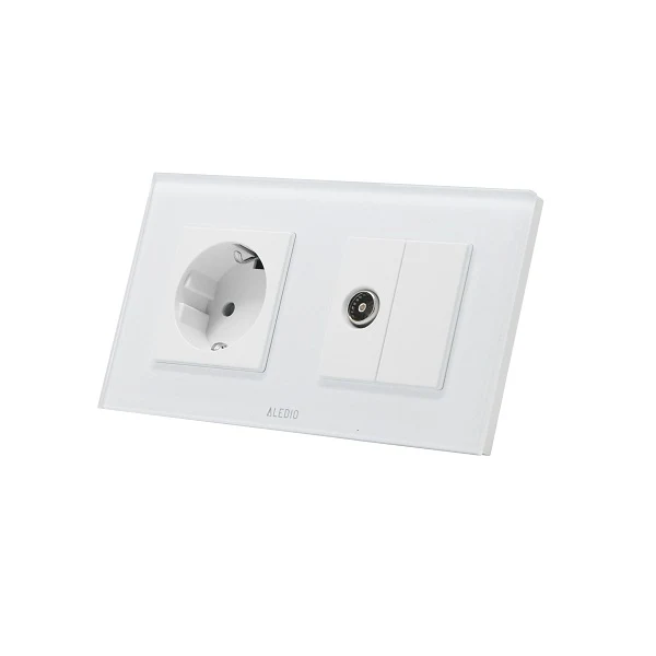 Priza simpla 2P+T 16A + priza TV, rama din sticla, alb, Aledio A1P1TA