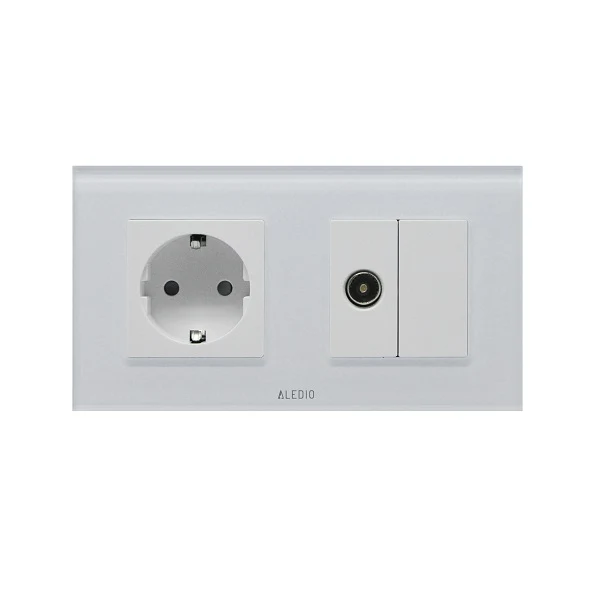 Priza simpla 2P+T 16A + priza TV, rama din sticla, alb, Aledio A1P1TA