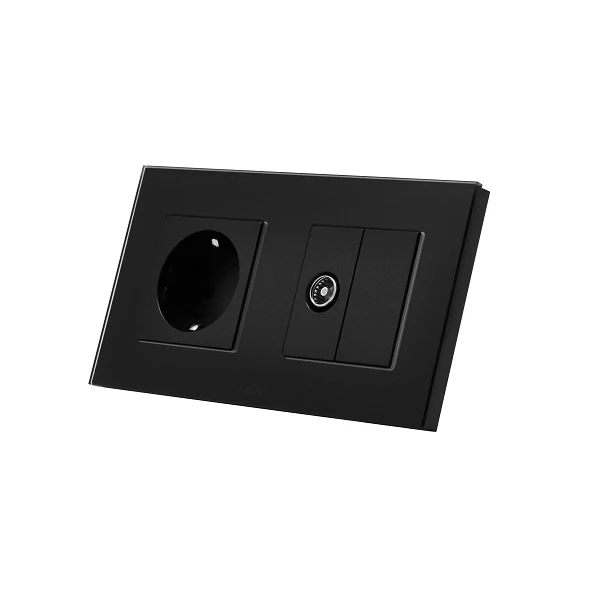 Priza simpla 2P+T 16A + priza TV, rama din sticla, negru, Aledio A1P1TN