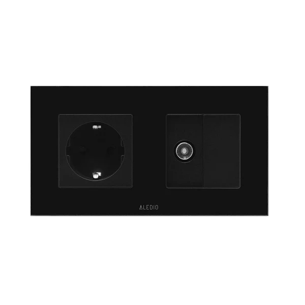 Priza simpla 2P+T 16A + priza TV, rama din sticla, negru, Aledio A1P1TN