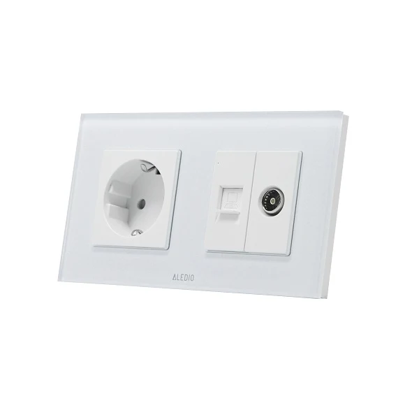 Priza simpla 2P+T 16A + priza RJ45 Cat.6 + priza TV, rama din sticla, alb, Aledio A1PNTA