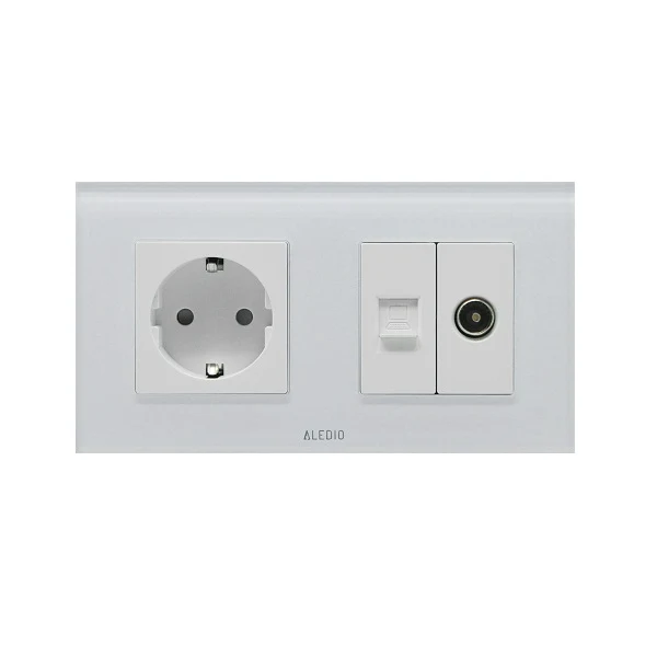 Priza simpla 2P+T 16A + priza RJ45 Cat.6 + priza TV, rama din sticla, alb, Aledio A1PNTA