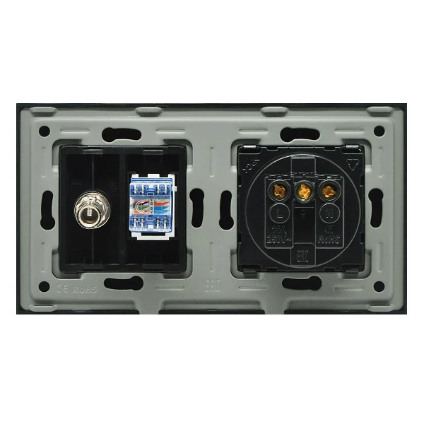 Priza simpla 2P+T 16A + priza RJ45 Cat.6 + priza TV, rama din sticla, alb, Aledio A1PNTA