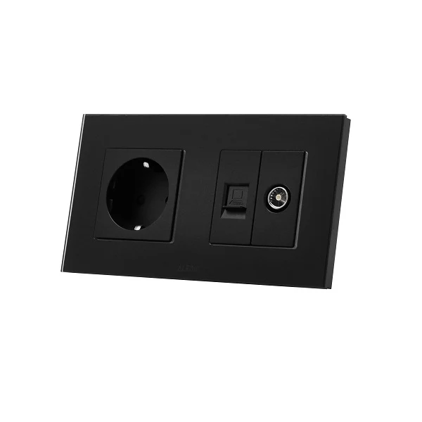 Priza simpla 2P+T 16A + priza RJ45 Cat.6 + priza TV, rama din sticla, negru, Aledio A1PNTN