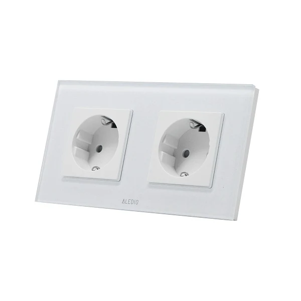 Priza simpla 2P+T 16A + priza simpla 2P+T, 16A, rama din sticla, alb, Aledio A1P1PA