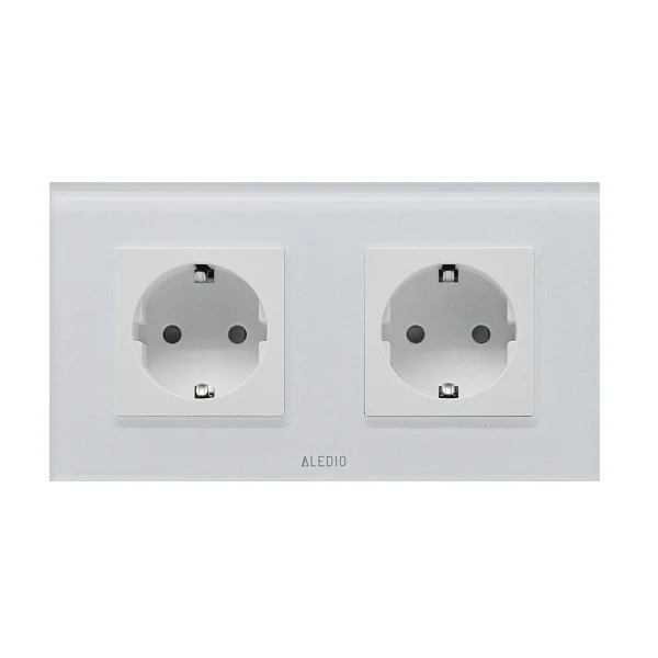 Priza simpla 2P+T 16A + priza simpla 2P+T, 16A, rama din sticla, alb, Aledio A1P1PA