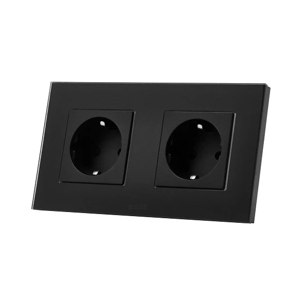 Priza simpla 2P+T 16A + priza simpla 2P+T, 16A, rama din sticla, negru, Aledio A1P1PN