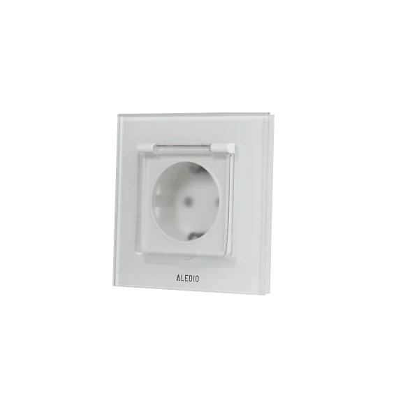 Priza simpla cu capac, standard german, 2P+T, rama din sticla, 16A, alb, Aledio A1PC0A