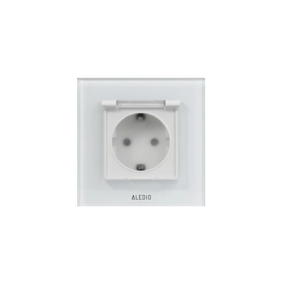 Priza simpla cu capac, standard german, 2P+T, rama din sticla, 16A, alb, Aledio A1PC0A