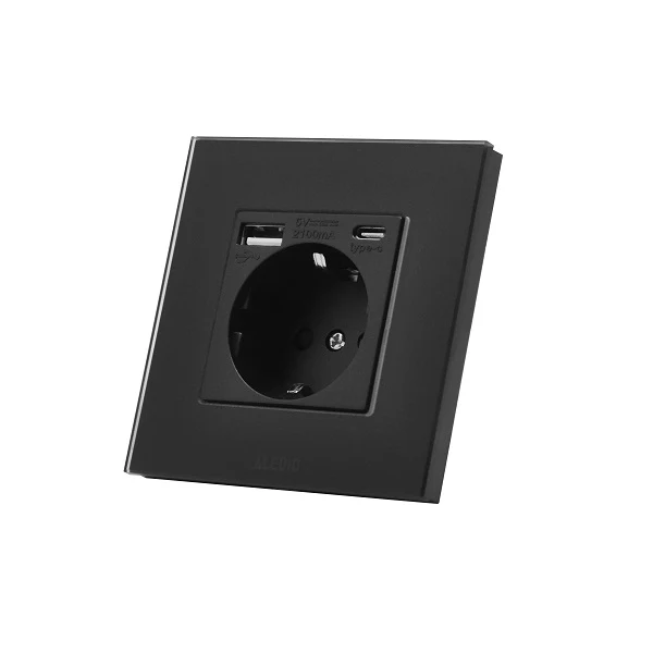 Priza simpla, standard german, 2P+T, 16A, cu USB tip +C, 2.1A, rama din sticla, negru, Aledio A1PACN