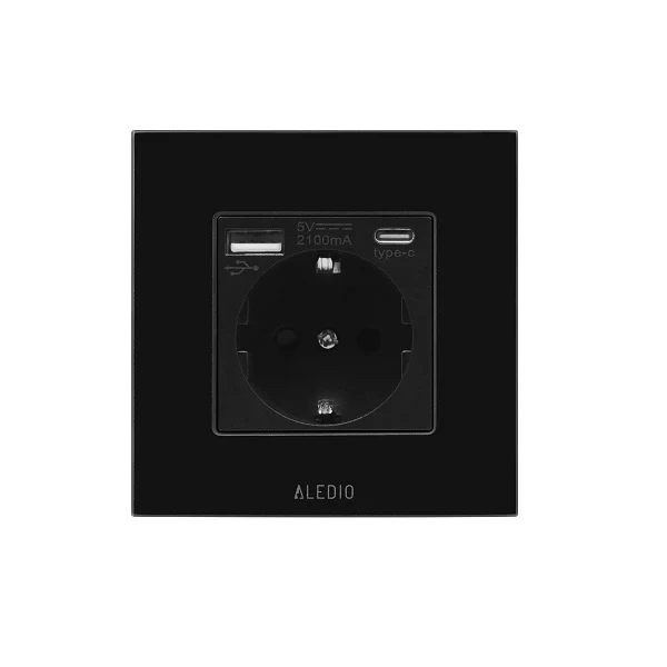 Priza simpla, standard german, 2P+T, 16A, cu USB tip +C, 2.1A, rama din sticla, negru, Aledio A1PACN