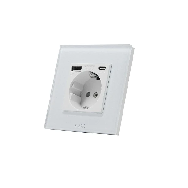 Priza simpla, standard german, 2P+T, 16A, cu USB tip +C, 2.1A, rama din sticla, alb, Aledio A1PACA