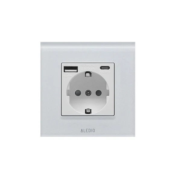 Priza simpla, standard german, 2P+T, 16A, cu USB tip +C, 2.1A, rama din sticla, alb, Aledio A1PACA