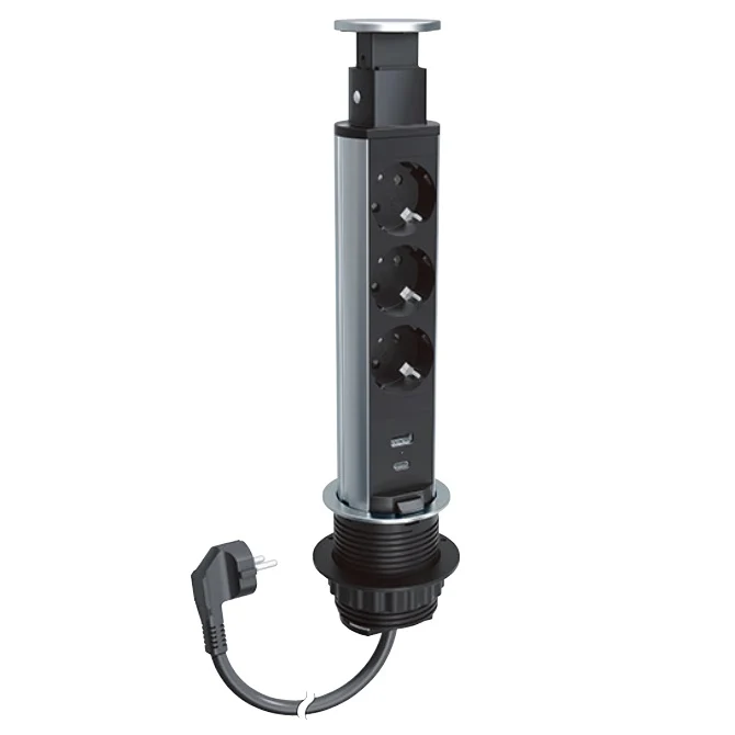 Stalp de prize, incorporabil blat, 3 x priza 2P+T + 1 x încărcător USB + 1 x încărcător USB C, negru/finisaj metalic, INCA...
