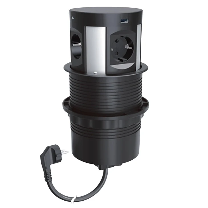 Stalp de prize, incorporabil blat, 4 x priza 2P+T + 2 x încărcător USB + 2 x încărcător USB C, negru finisaj metalic, INCA...