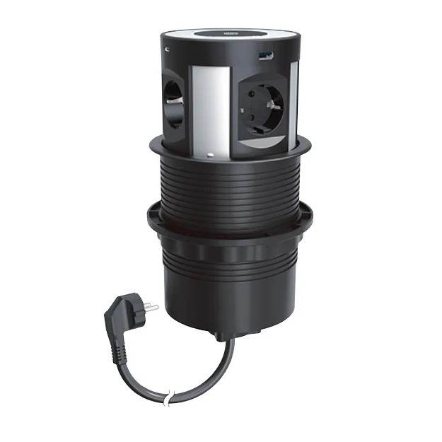 Stalp de prize, incorporabil blat, 4 x priza 2P+T + 2 x încărcător USB + 2 x încărcător USB C + 1 încărcător wireless, neg...